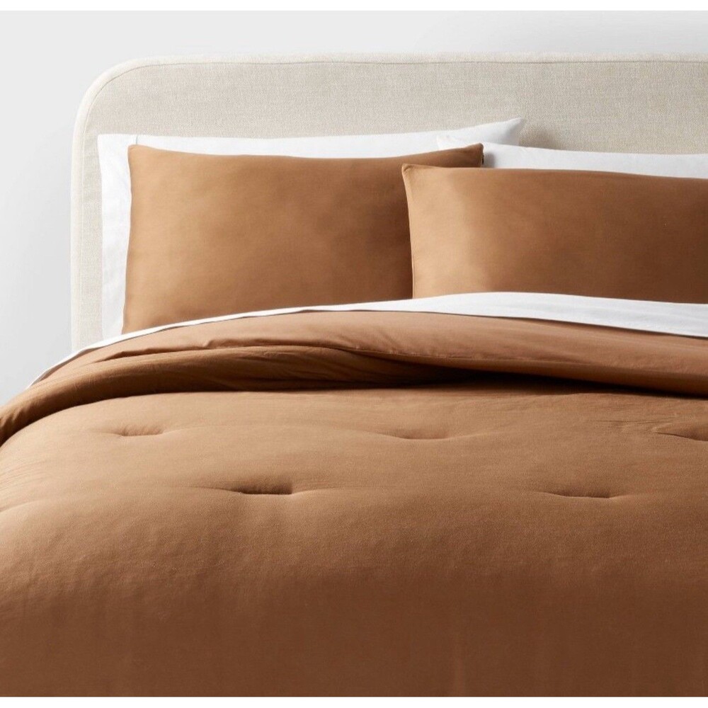 Twin/Twin Extra Long Washed Cotton Sateen Comforter and Sham Set Light Brown NEW